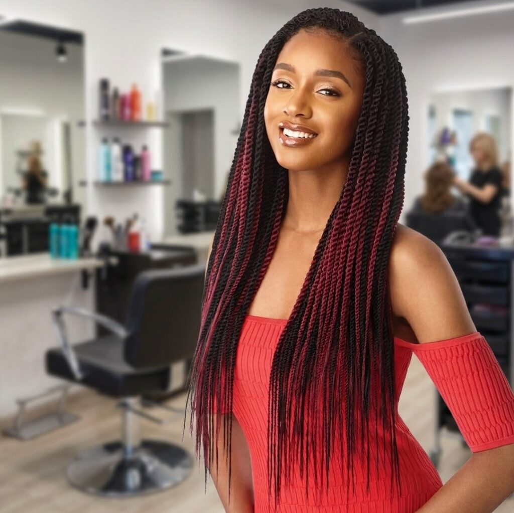 Senegalese twists styled into a polished look